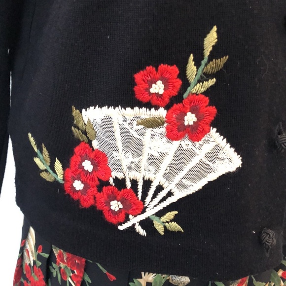 Susan Bristol VTG sweater pleated skirt set holiday  with floral red black SZ 10 - Picture 5 of 16